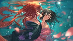 Bubbles underwater red eyes kimono long hair anime girls short 