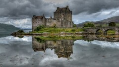 building hdr Lake Scotland uk reflection Bridge castle sky