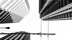 building skyscraper worm's eye view monochrome power lines