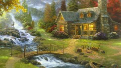 building Thomas Kinkade cottage waterfall deer Bridge canoes