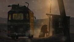 Bus stop night snow sad vehicle buses Anime artwork