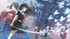 Butterflies blade Katana Anime kimono anime girls brown eyes 