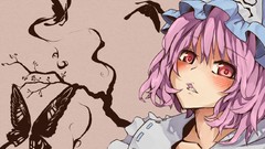 Butterflies branches hats red eyes faces pink hair short hair 