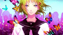 Butterflies crowd faces schoolgirls bows anime girls blue eyes 