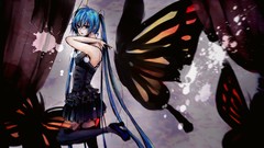 Butterflies dress blue hair long hair anime girls blue eyes 
