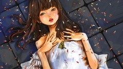 Butterflies dress brunettes flower petals artwork