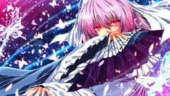 Butterflies dress hats fans pink hair pink eyes anime girls 