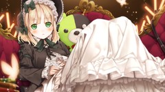 Butterflies dress hats sitting bows blondes couch anime girls 