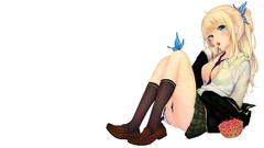 Butterflies food tie white background socks cherries sitting 