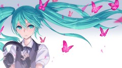 Butterflies headphones gloves long hair anime girls green eyes 