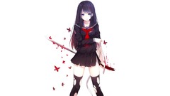 Butterflies Katana anime girls Simple Background