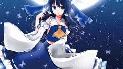 Butterflies moon blue hair blue eyes hakurei reimu touhou miko