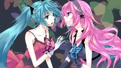 Butterflies pink woman dress gloves sad blue hair pink hair 