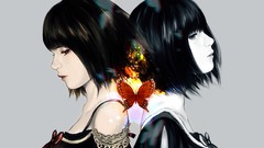 Butterflies red eyes bows anime girls black hair Simple 