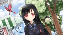 Butterflies red eyes long hair anime girls school uniforms 