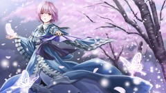 Butterflies Ribbons fans pink hair pink eyes anime girls short 