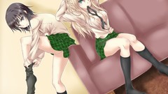 Butterflies Ribbons sitting stockings blondes long hair 