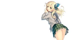 Butterflies white background schoolgirls blondes skirts eating 