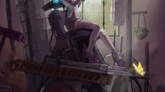 Butterflies white hair anime girls short hair Androids 