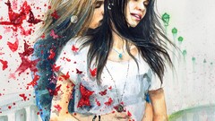 Butterflies woman embrace paintings pendant bracelets long hair 