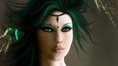 Butterflies woman paintings green hair artwork fantasy art