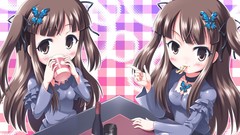 Butterflies woman Ribbons twins anime girls brown eyes