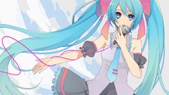 Cables singing microphones skirts blue hair anime girls blue 