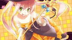 Cafe hats staff Ribbons pink hair anime girls green eyes tails 