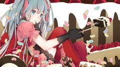 Cakes anime girls hatsune miku vocaloid twintails aqua hair 