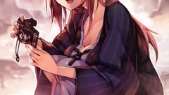 Cameras kimono anime girls brown eyes brunettes
