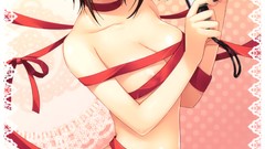 Cameras Ribbons anime girls blue eyes brunettes cleavage