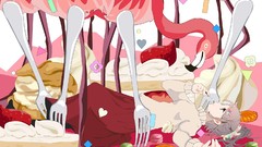 Candies gray eyes anime girls forks gray hair lying down