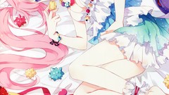 Candies strawberries eating pink hair blue eyes nekomimi animal 