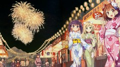 Candy fireworks red eyes blush long hair anime girls green eyes 