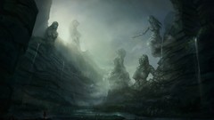 Canyon waterfalls rocks streams mist sculptures fantasy art 