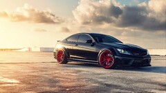Car Mercedes-Benz C63 AMG vehicle sunlight bright asphalt red