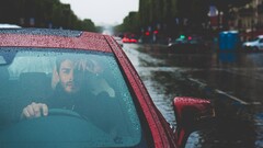 Car red cars rain road Men street City vehicle