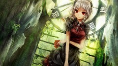 Cards dress white hair red eyes Ribbons clocks bows maids short 