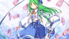 Cards yellow eyes kochiya sanae green hair touhou miko hair 