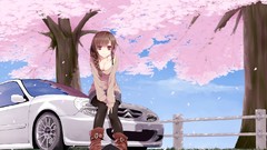 Cars anime girls boots brunettes blossoms braids cherry 