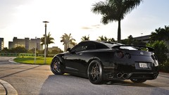 Cars palm trees black cars rear angle view Nissan GTR Spec-V 