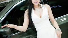 Cars smiling white dress bangs models black hair supermodels 