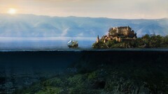castle fantasy art sailing ship split-view underwater artwork