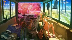 Cats Anime bus guitars anime girls hatsune miku vocaloid 