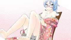 Cats Anime glasses blue hair barefoot anime girls blue eyes 