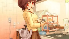 Cats Anime kitchen red eyes skirts anime girls redheads boobs 