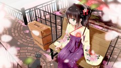 Cats bench Anime Umbrellas Manga anime girls green eyes 