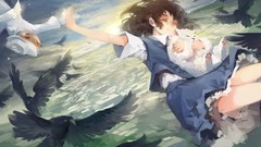Cats Birds skirts anime girls closed eyes brunettes crows 