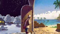 cats children artwork palm trees winter Sea snow beach Stars