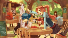 Cats food Anime ice cream outdoors skirts blue hair anime girls 